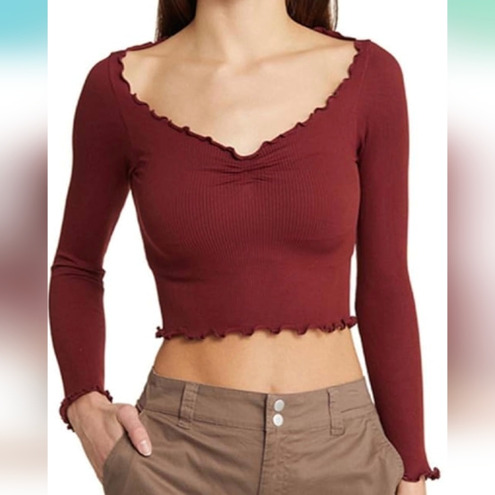 BDG Urban Outfitters Long Sleeve Crop Top Lettuce Trim Ribbed Slim Fitted Shirt